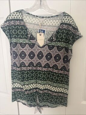 Lucky Brand Green Patterned Tie-Hem V-Neck Cap Sleeve Top